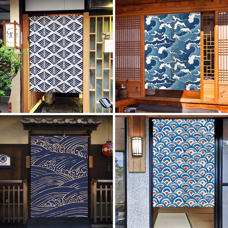 Noren Curtain Doorway - คลื่นเนื้อญี่ปุ่น Noren ประตูผ้าม่านศิลปะภาพวาดแขวนสําหรับห้องครัวห้องนอนตกแต่งประตูผ้าม่านผ้าลินิน
