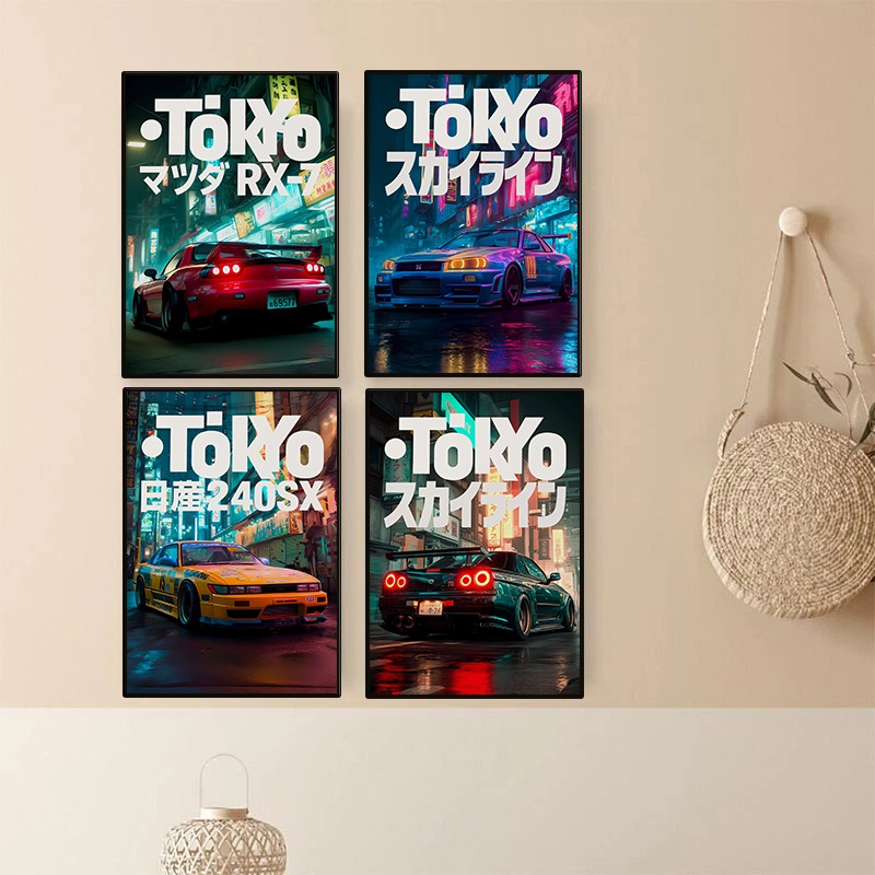 Japanese Tokyo Lifestyle - โปสเตอร์รถยนต์วินเทจโตเกียว JDM นีออน ภาพวาดบนผ้าใบลายรถแข่งดริฟท์สไตล์ญี่ปุ่น สำหรับตกแต่งผนังห้องเก็บรถ ห้องนั่งเล่น