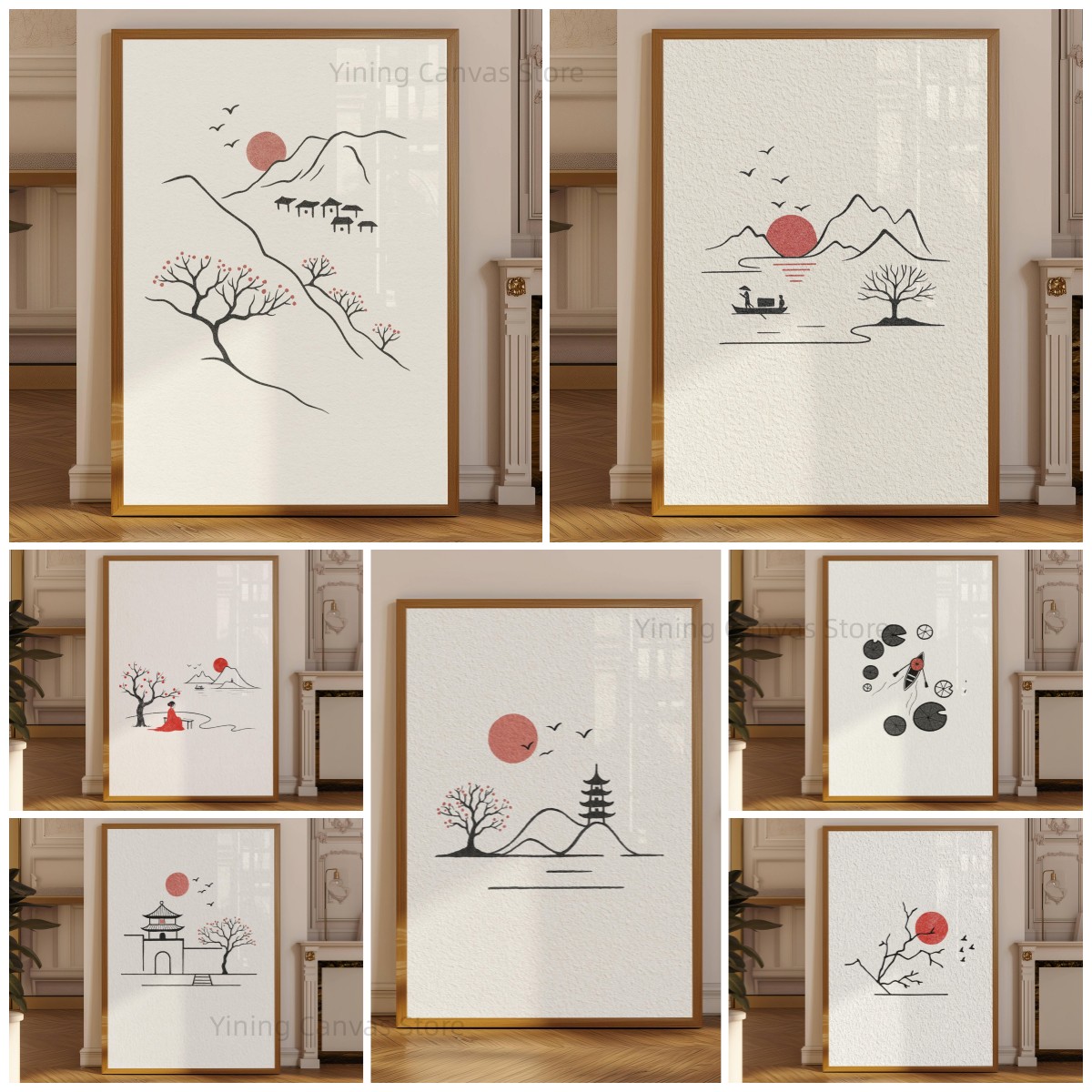 Japanese Minimalist Lifestyle - โปสเตอร์หมึกสไตล์มินิมอลแบบญี่ปุ่น, ภาพเส้นศิลปะกิ่งไม้พระอาทิตย์สีแดงพร้อมนก, ภาพพิมพ์ศิลปะติดผนังแบบญี่ปุ่น วาบิ ซาบิ เจปันดี,