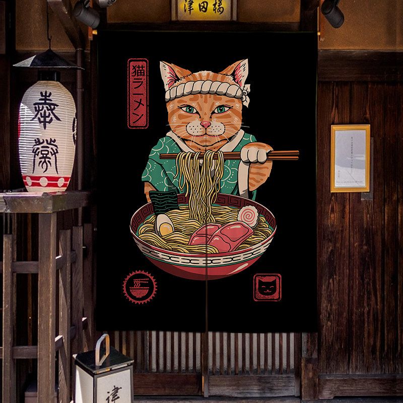 Noren Curtain Doorway - ม่านนอร์เอนลายการ์ตูนแมวรามเอน VIKAMA สไตล์ญี่ปุ่น สำหรับร้านราเมน อิซากายะ ตกแต่งประตูห้องครัว