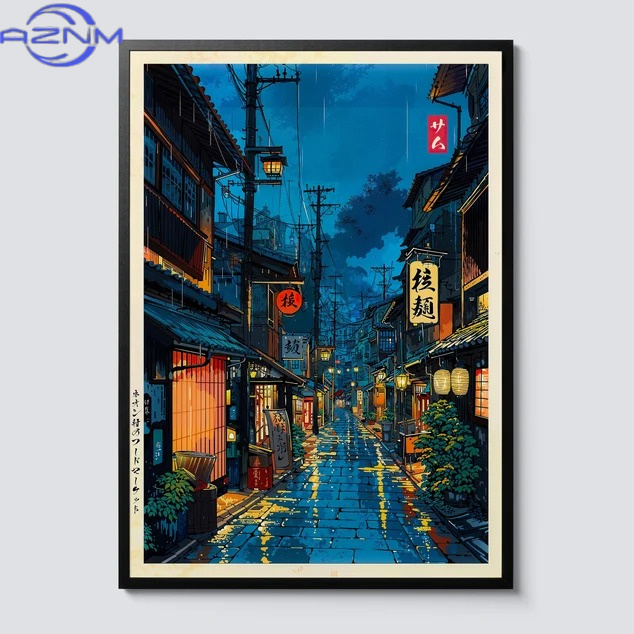 Japanese Tokyo Lifestyle - AZNM ญี่ปุ่นโตเกียวทีเฮาส์การ์ตูนพิมพ์แคนวาสอะนิเมะซิตี้สตรีทคาเฟ่ฉากศิลปะบนผนังโปสเตอร์สำหรับห้องนั่งเล่นสมัยใหม่ตกแต่งบ้าน