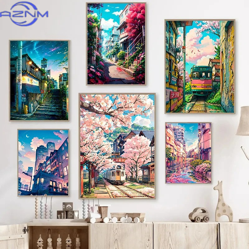 Japanese Lifestyle Home - AZNM ทิวทัศน์ถนนญี่ปุ่น สถาปัตยกรรมดอกซากุระ โปสเตอร์ผ้าใบ ดอกไม้ พืช